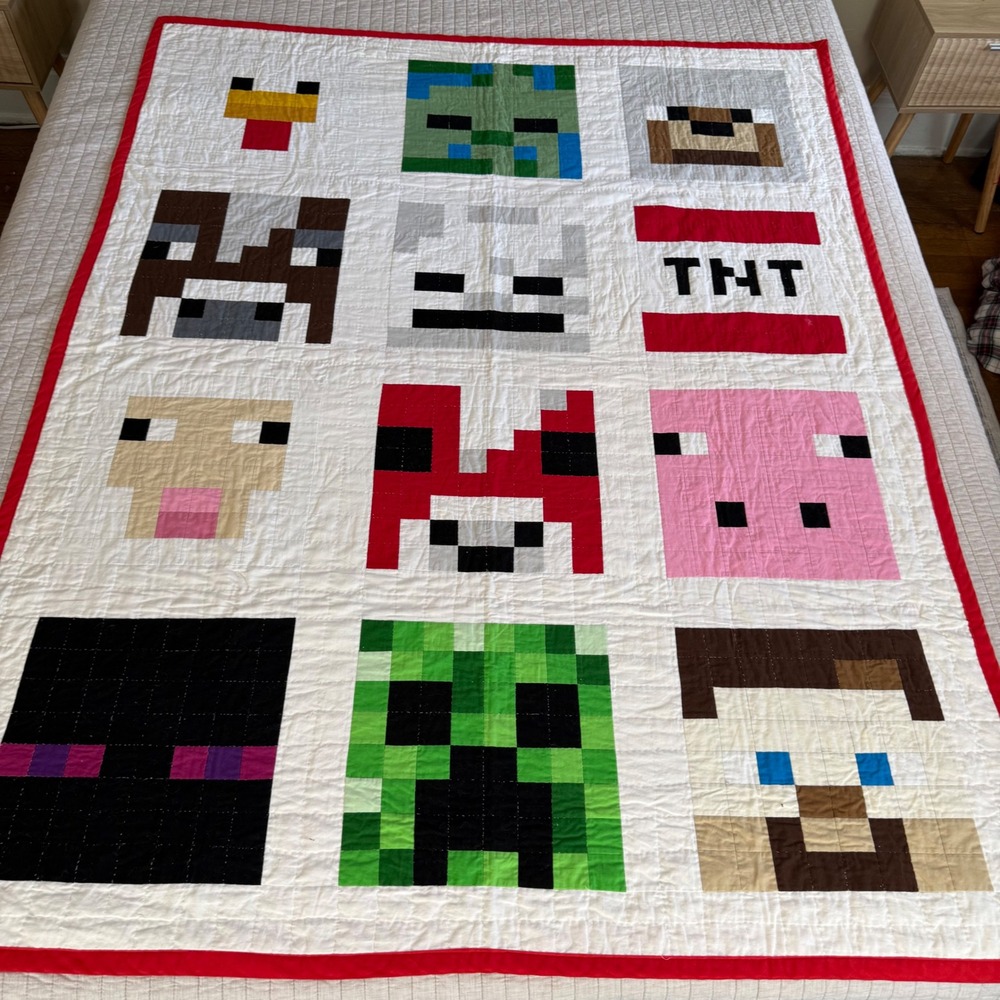 Handmade Minecraft Character Patchwork Quilt 50x65 Red Border Gamer Bedding